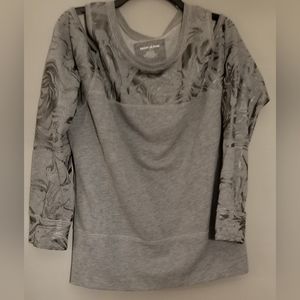 DKNY Jeans gray sweatshirt w/ pattern shoulder/sleeve & cutout shoulders, medium